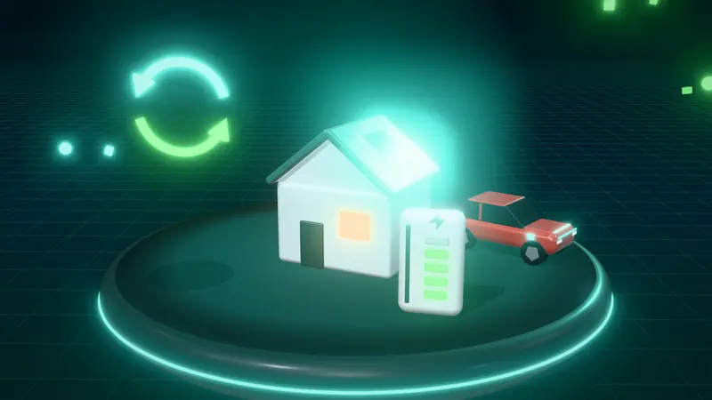 3D illustration of a house with solar panels, a red electric car, two-way energy arrows and a home battery on a floating island at night
