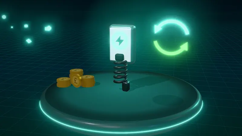 3D illustration of a wall-mounted home charger, stacks of pound coins and two-way energy arrows on a floating island at night