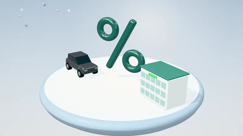 3D illustration of a percentage sign, a dark grey electric car and an office building on a floating island in daylight