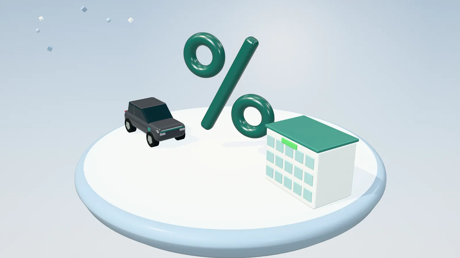 3D illustration of a percentage sign, a dark grey electric car and an office building on a floating island in daylight