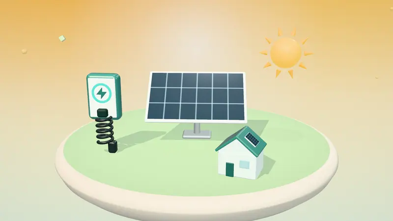 3D illustration of a solar panel, the sun, a wall-mounted home charger and a house with solar panels on a floating island in daylight