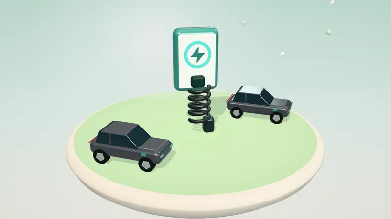 3D illustration of a wall-mounted home charger, a dark grey electric car and a dark grey electric car on a floating island in daylight
