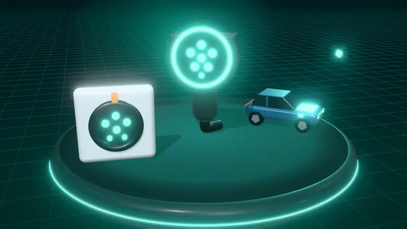3D illustration of a Type 2 charging plug, a blue electric car and a Type 2 charging socket on a floating island at night
