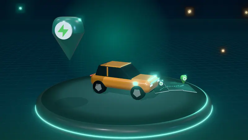 3D illustration of a orange electric car, a route map and a map pin on a floating island at night