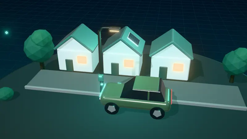 3D illustration of an electric car charging from a lamp-post charge point on a street at night