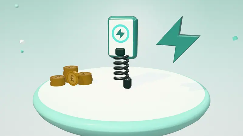 3D illustration of a wall-mounted home charger, stacks of pound coins and a lightning bolt on a floating island in daylight