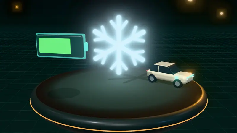 3D illustration of a snowflake, a sand electric car and a battery gauge on a floating island at night