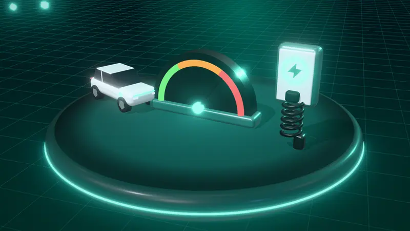 3D illustration of a speed dial, a white electric car and a wall-mounted home charger on a floating island at night