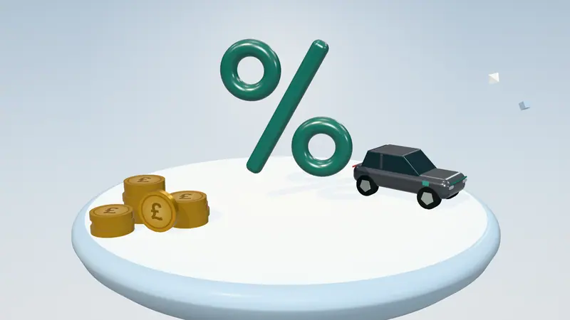 3D illustration of a percentage sign, a dark grey electric car and stacks of pound coins on a floating island in daylight