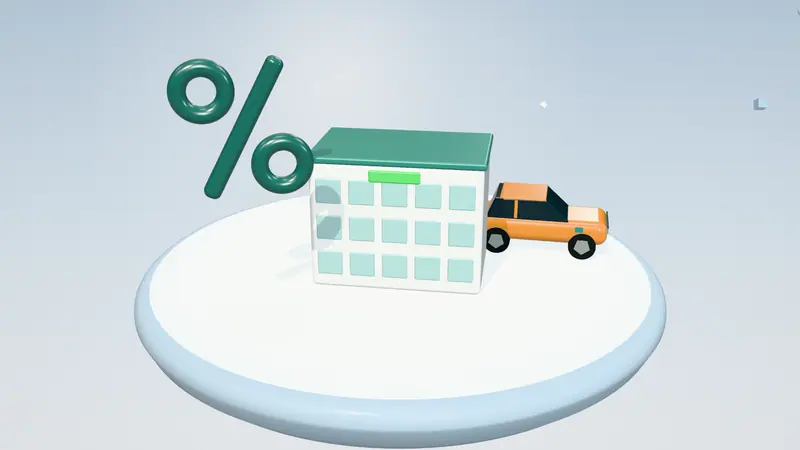 3D illustration of an office building, a orange electric car and a percentage sign on a floating island in daylight