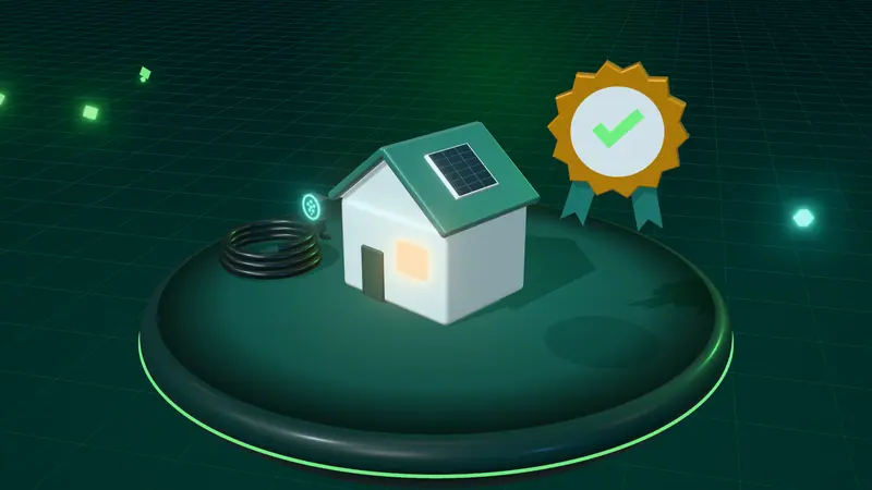 3D illustration of a house with solar panels, a coiled charging cable with a plug and an approval seal on a floating island at night