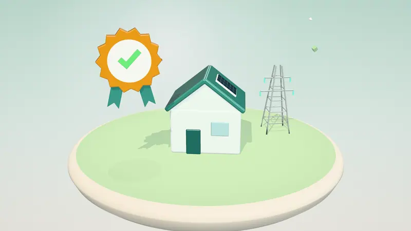 3D illustration of a house with solar panels, an electricity pylon and an approval seal on a floating island in daylight
