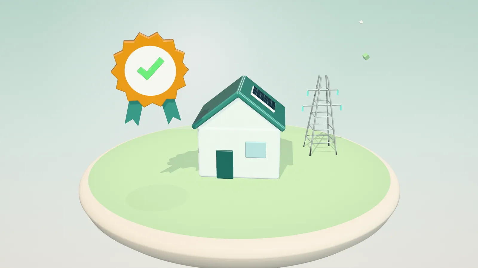 3D illustration of a house with solar panels, an electricity pylon and an approval seal on a floating island in daylight