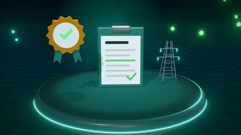 3D illustration of a clipboard with a form, an electricity pylon and an approval seal on a floating island at night