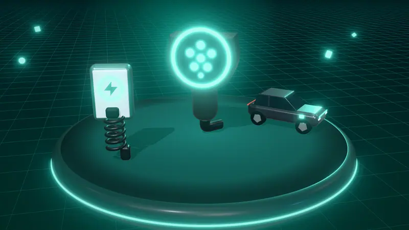 3D illustration of a Type 2 charging plug, a dark grey electric car and a wall-mounted home charger on a floating island at night
