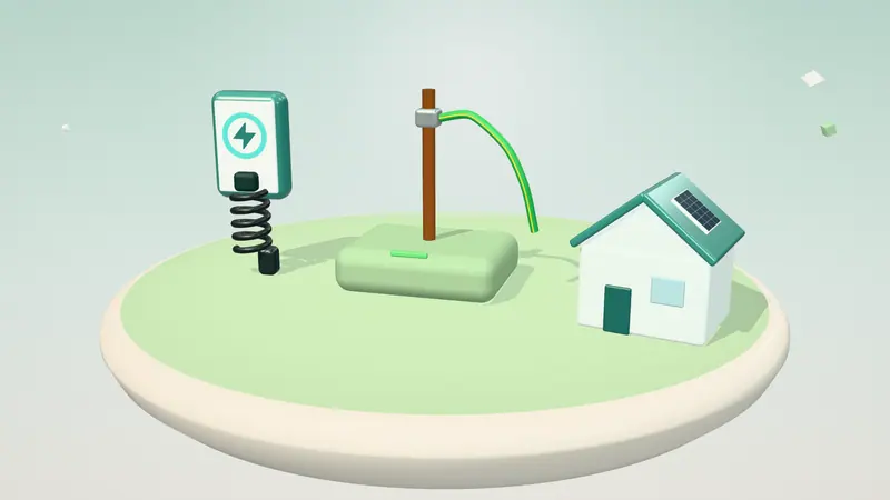 3D illustration of an earth rod, a wall-mounted home charger and a house with solar panels on a floating island in daylight