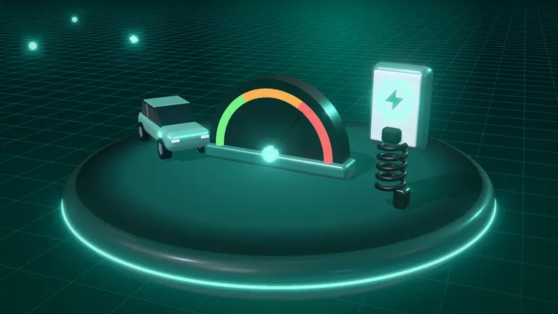 3D illustration of a speed dial, a mint green electric car and a wall-mounted home charger on a floating island at night