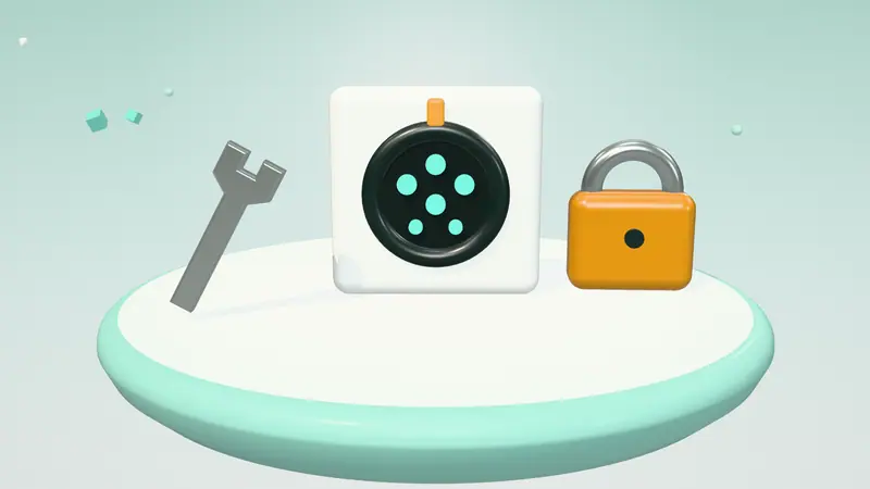 3D illustration of a Type 2 charging socket, a padlock and a spanner on a floating island in daylight