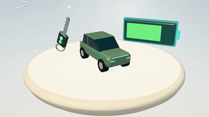 3D illustration of a green electric car, a car key and a battery gauge on a floating island in daylight