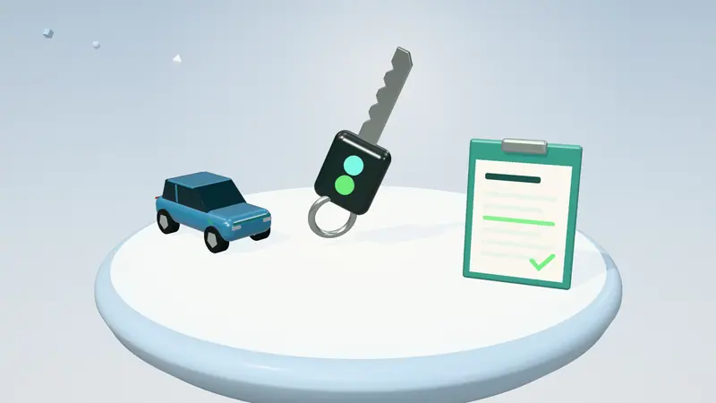 3D illustration of a car key, a blue electric car and a clipboard with a form on a floating island in daylight