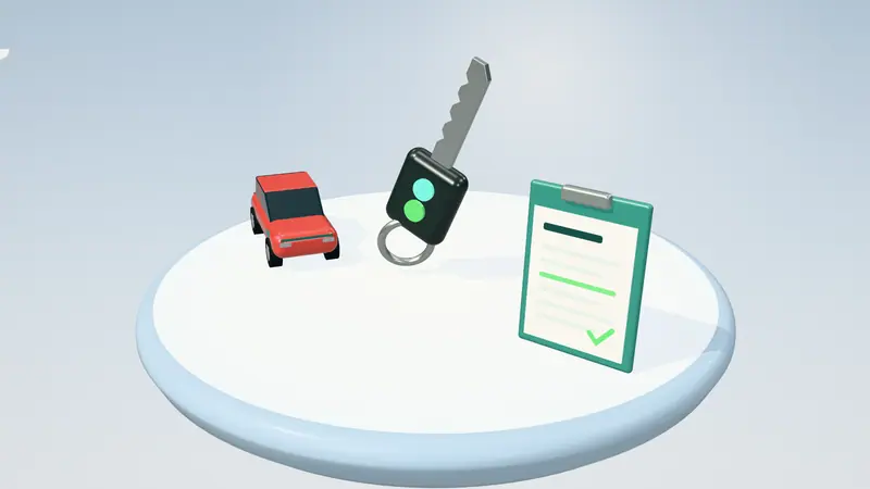 3D illustration of a car key, a red electric car and a clipboard with a form on a floating island in daylight