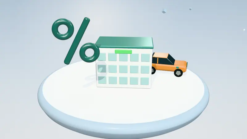 3D illustration of an office building, a orange electric car and a percentage sign on a floating island in daylight