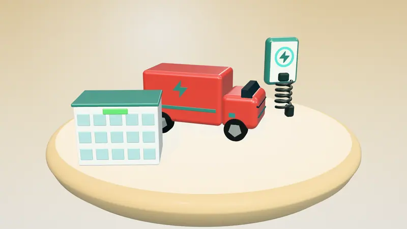 3D illustration of a red electric van, a wall-mounted home charger and an office building on a floating island in daylight