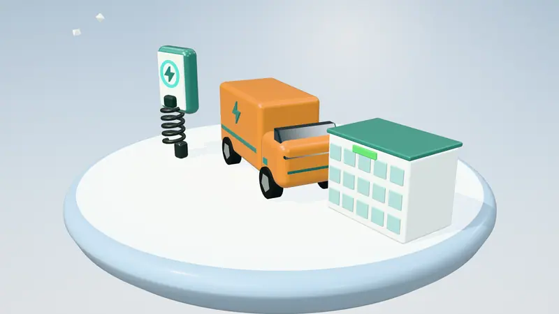 3D illustration of a orange electric van, a wall-mounted home charger and an office building on a floating island in daylight