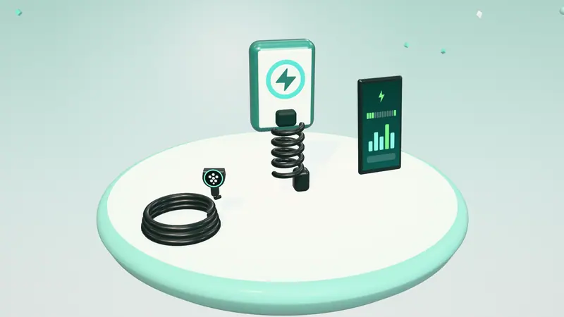3D illustration of a wall-mounted home charger, a smartphone app and a coiled charging cable with a plug on a floating island in daylight