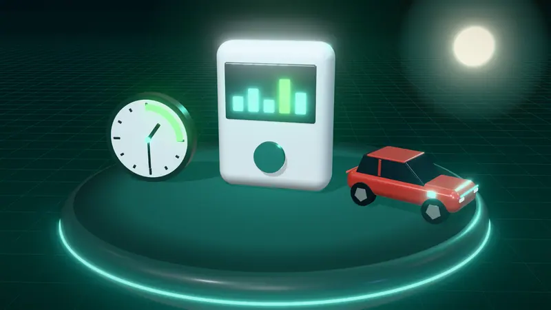 3D illustration of a smart meter, a clock with the overnight window lit and a red electric car on a floating island at night