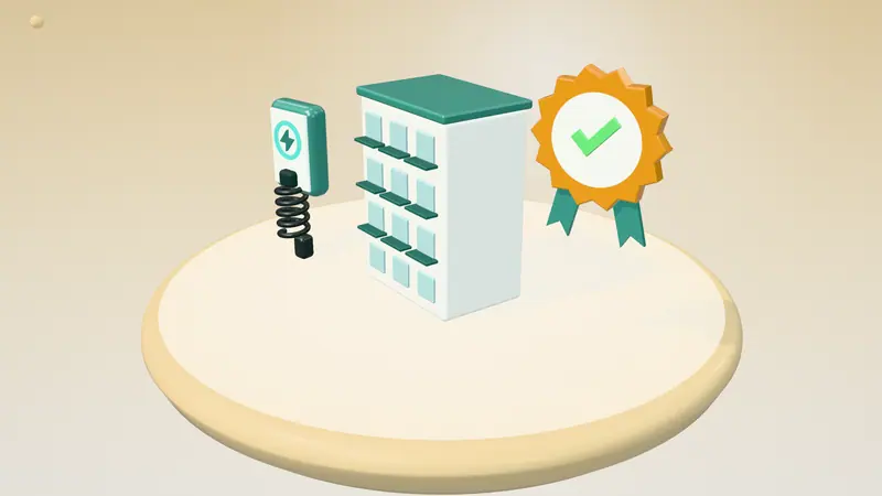 3D illustration of a block of flats, a wall-mounted home charger and an approval seal on a floating island in daylight
