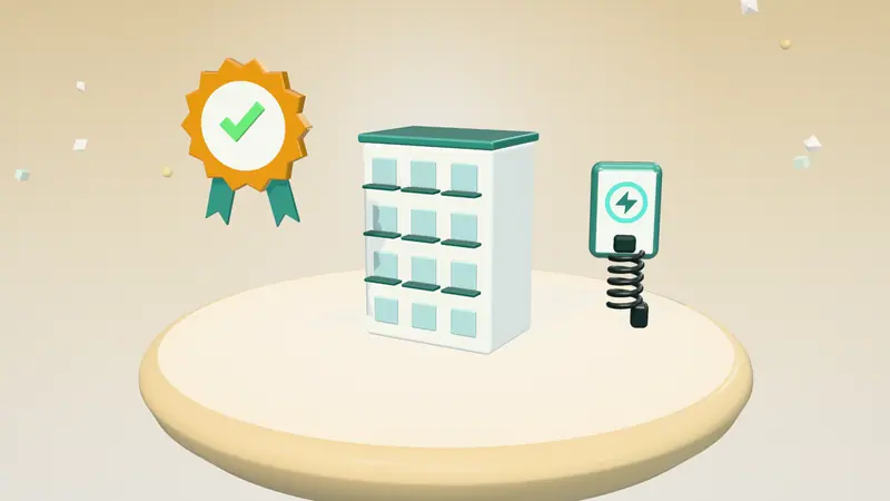 3D illustration of a block of flats, a wall-mounted home charger and an approval seal on a floating island in daylight