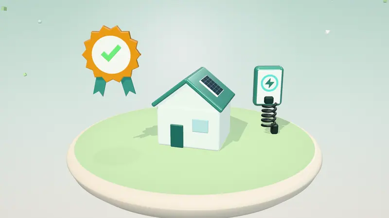 3D illustration of a house with solar panels, a wall-mounted home charger and an approval seal on a floating island in daylight