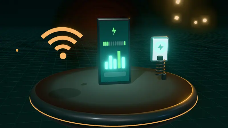 3D illustration of a smartphone app, a wall-mounted home charger and a wireless signal on a floating island at night