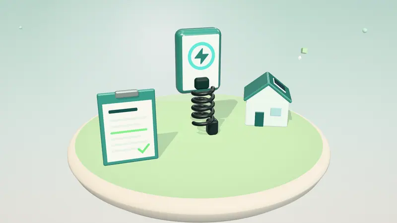 3D illustration of a wall-mounted home charger, a house with solar panels and a clipboard with a form on a floating island in daylight