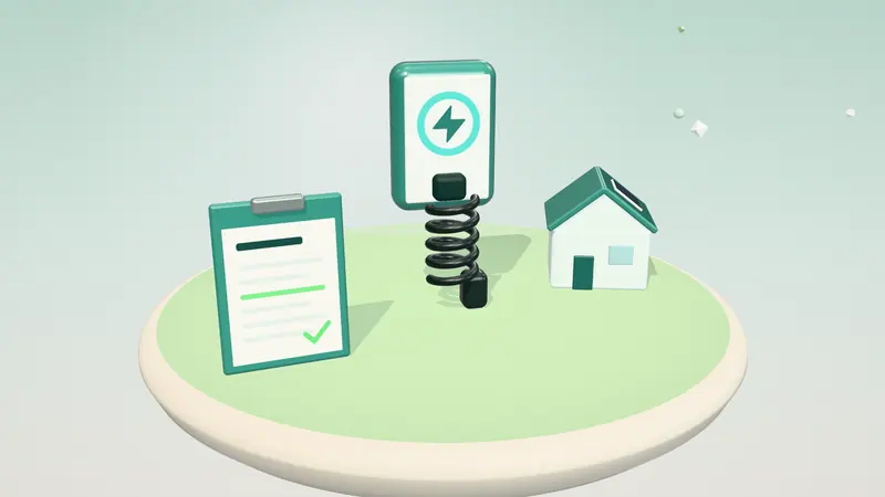 3D illustration of a wall-mounted home charger, a house with solar panels and a clipboard with a form on a floating island in daylight