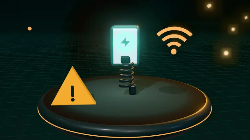 3D illustration of a wall-mounted home charger, a wireless signal and a warning sign on a floating island at night