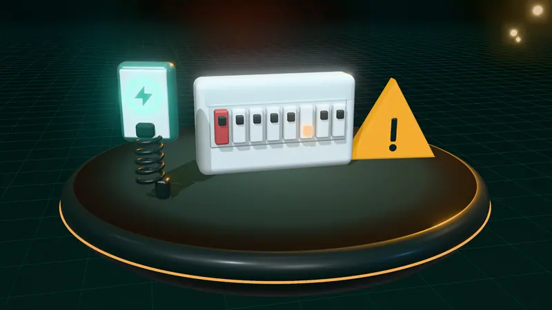 3D illustration of a consumer unit, a warning sign and a wall-mounted home charger on a floating island at night