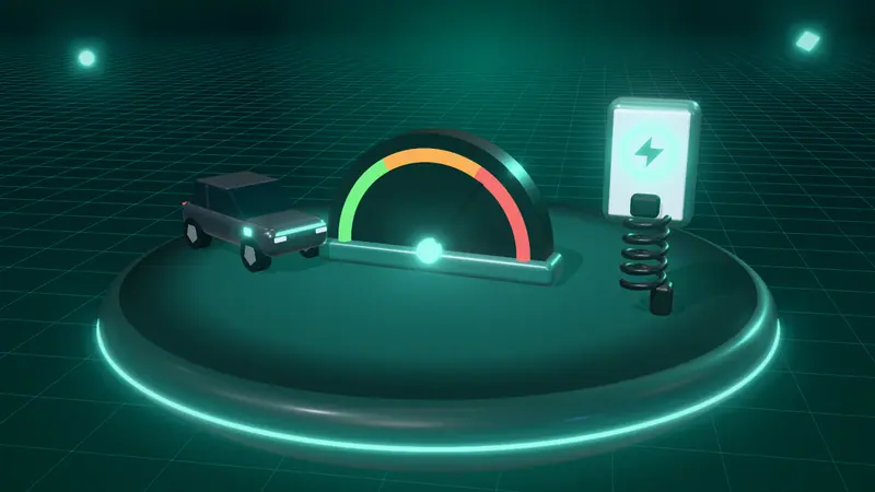 3D illustration of a speed dial, a dark grey electric car and a wall-mounted home charger on a floating island at night