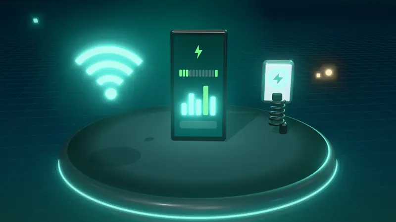 3D illustration of a smartphone app, a wall-mounted home charger and a wireless signal on a floating island at night