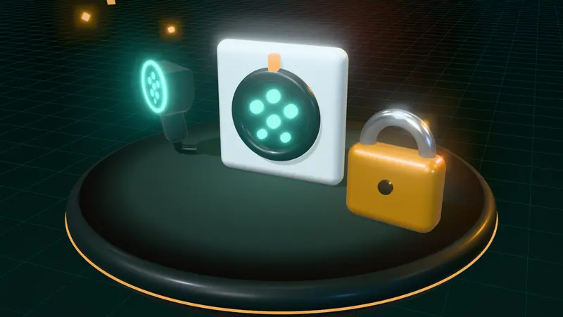 3D illustration of a Type 2 charging socket, a Type 2 charging plug and a padlock on a floating island at night