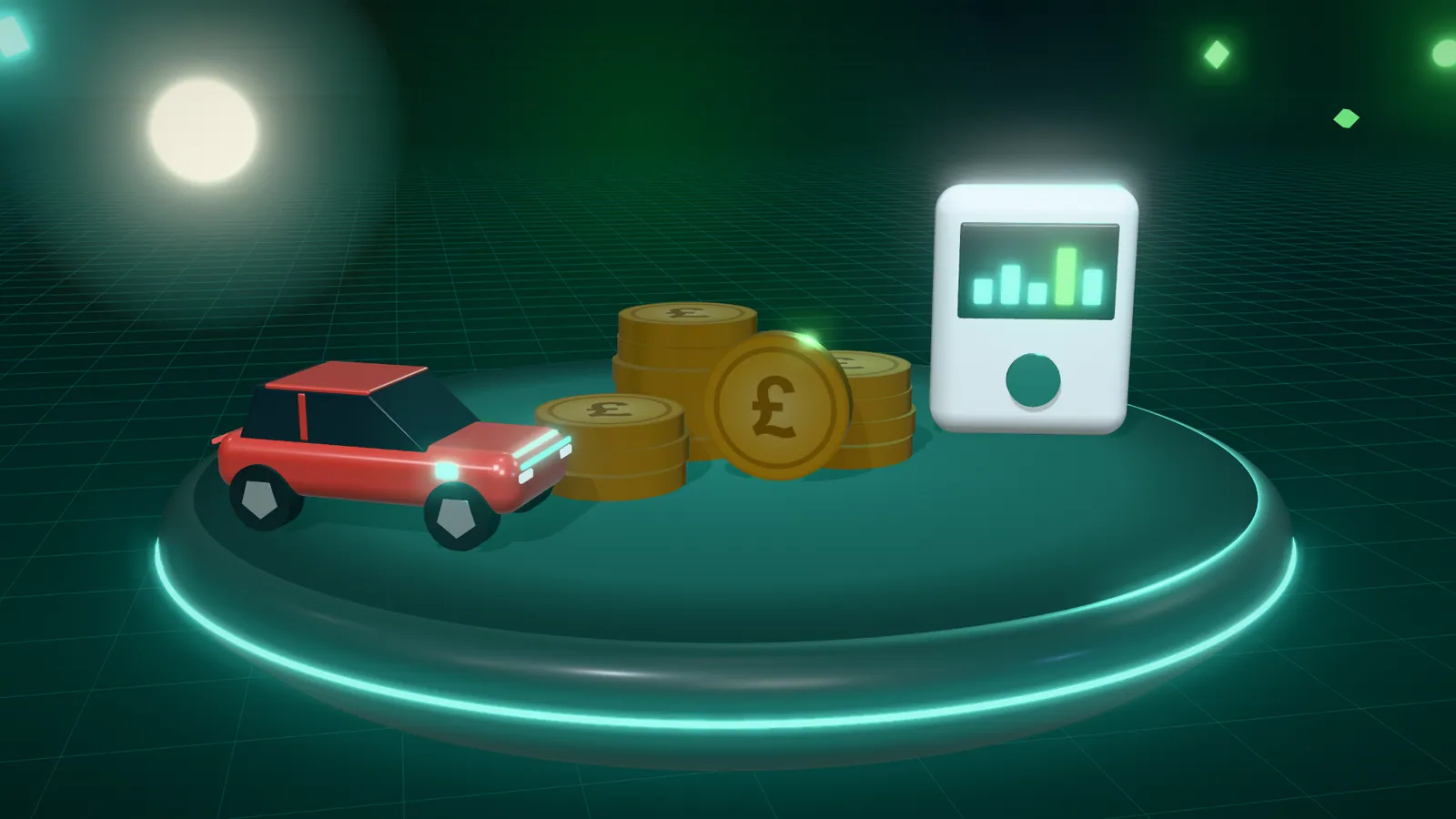 3D illustration of stacks of pound coins, a smart meter and a red electric car on a floating island at night