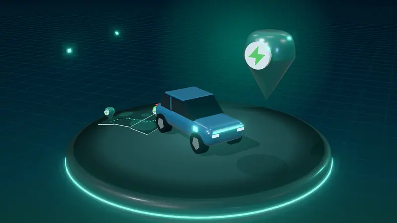 3D illustration of a blue electric car, a route map and a map pin on a floating island at night