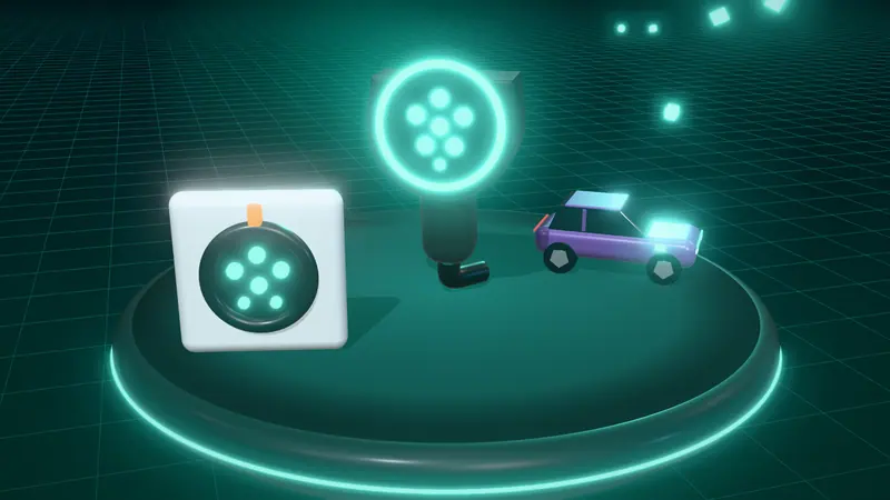 3D illustration of a Type 2 charging plug, a purple electric car and a Type 2 charging socket on a floating island at night