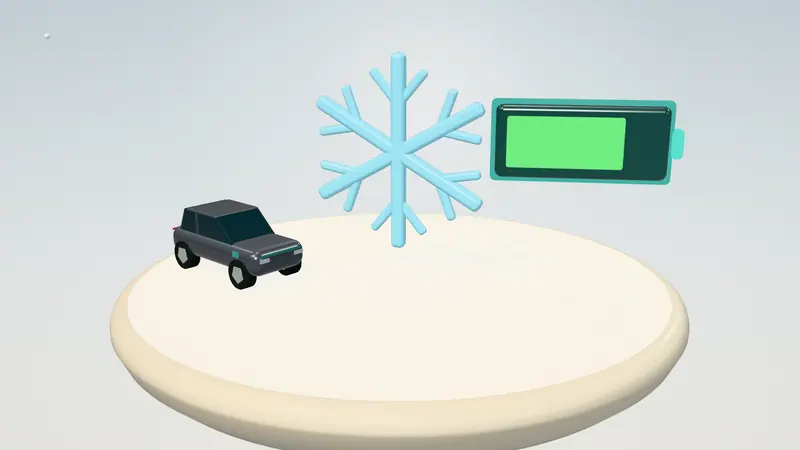 3D illustration of a snowflake, a dark grey electric car and a battery gauge on a floating island in daylight