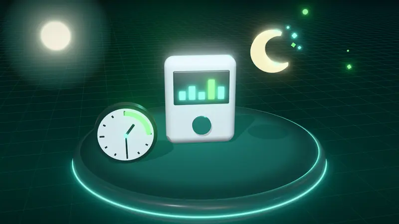 3D illustration of a smart meter, a crescent moon and a clock with the overnight window lit on a floating island at night
