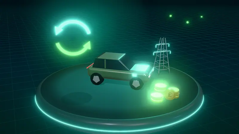 3D illustration of a green electric car, an electricity pylon, two-way energy arrows and stacks of pound coins on a floating island at night