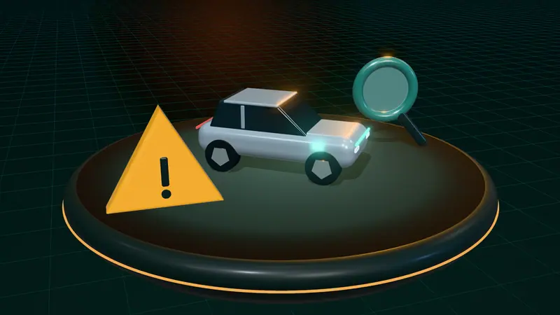 3D illustration of a silver electric car, a magnifying glass and a warning sign on a floating island at night