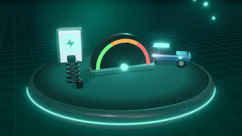 3D illustration of a speed dial, a blue electric car and a wall-mounted home charger on a floating island at night