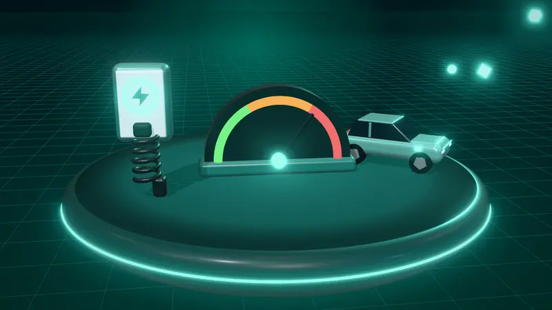 3D illustration of a speed dial, a mint green electric car and a wall-mounted home charger on a floating island at night